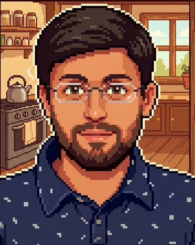Pixel-art portrait of Nandeep Mali in his kitchen
